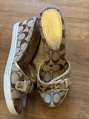 Coach Brown Signature Canvas Wedge Mules with Gold Buckle